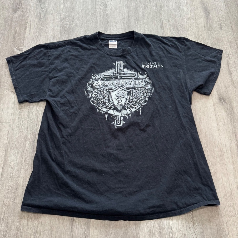 Vintage Arkham Asylum Inmate Graphic T-Shirt Mens XL Black DC Comics Batman Tee